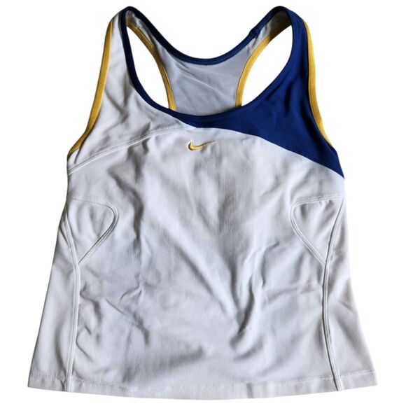 Nike White Blue Yellow Dri Fit Athletic Racerback Tank Top w/ Built-in Bra Sz S - Picture 1 of 11